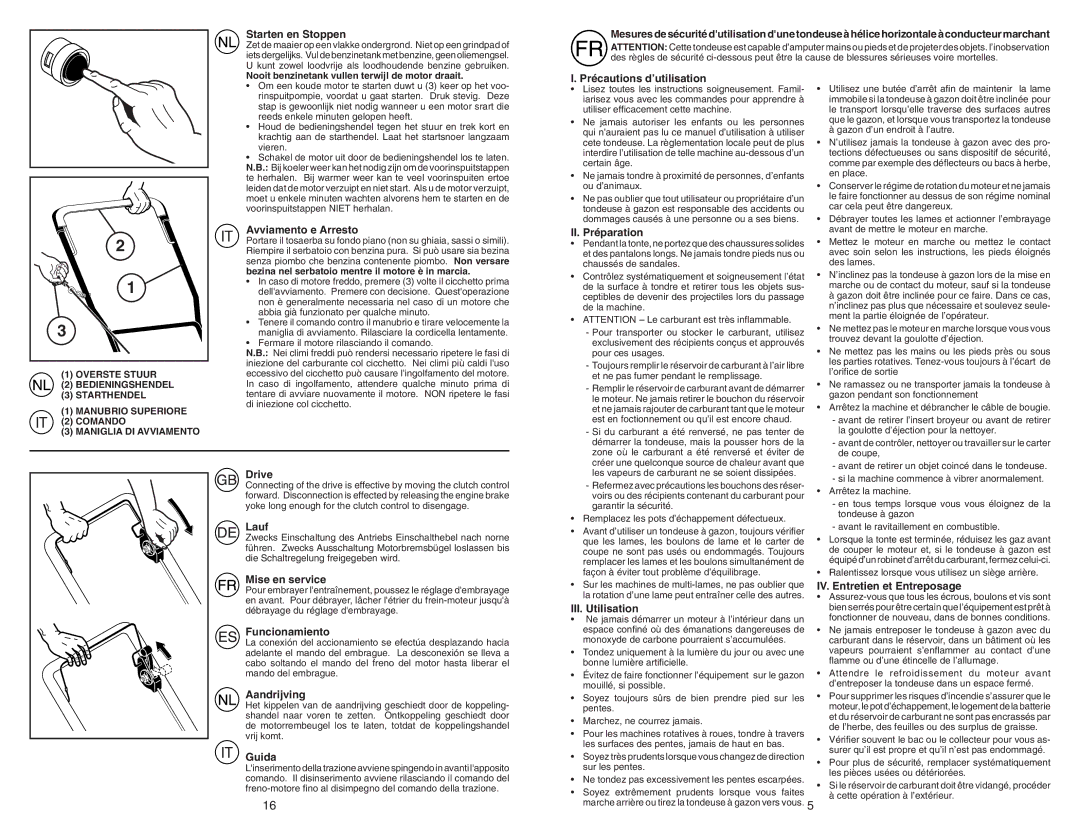 McCulloch 4051CM Starten en Stoppen, Avviamento e Arresto, Précautions d’utilisation, II. Préparation, Drive, Lauf, Guida 