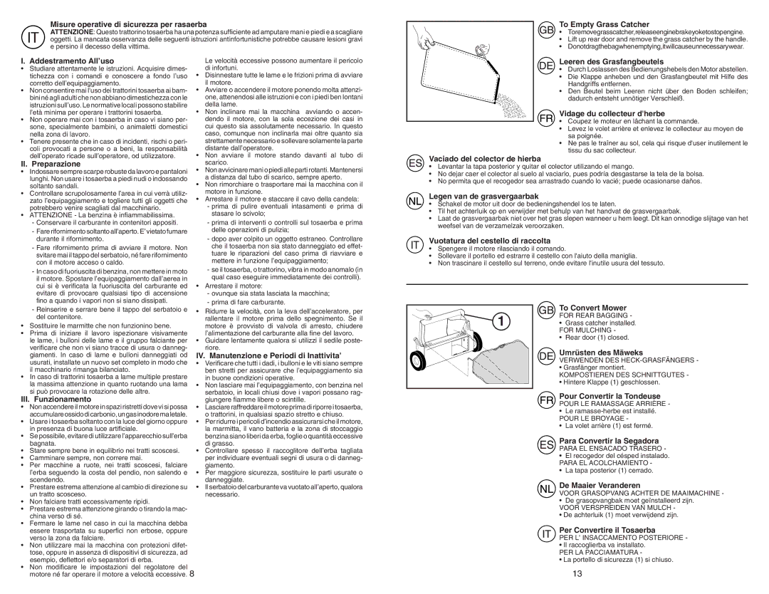 McCulloch 96141004402, 4051CM Misure operative di sicurezza per rasaerba, To Empty Grass Catcher, Addestramento All’uso 