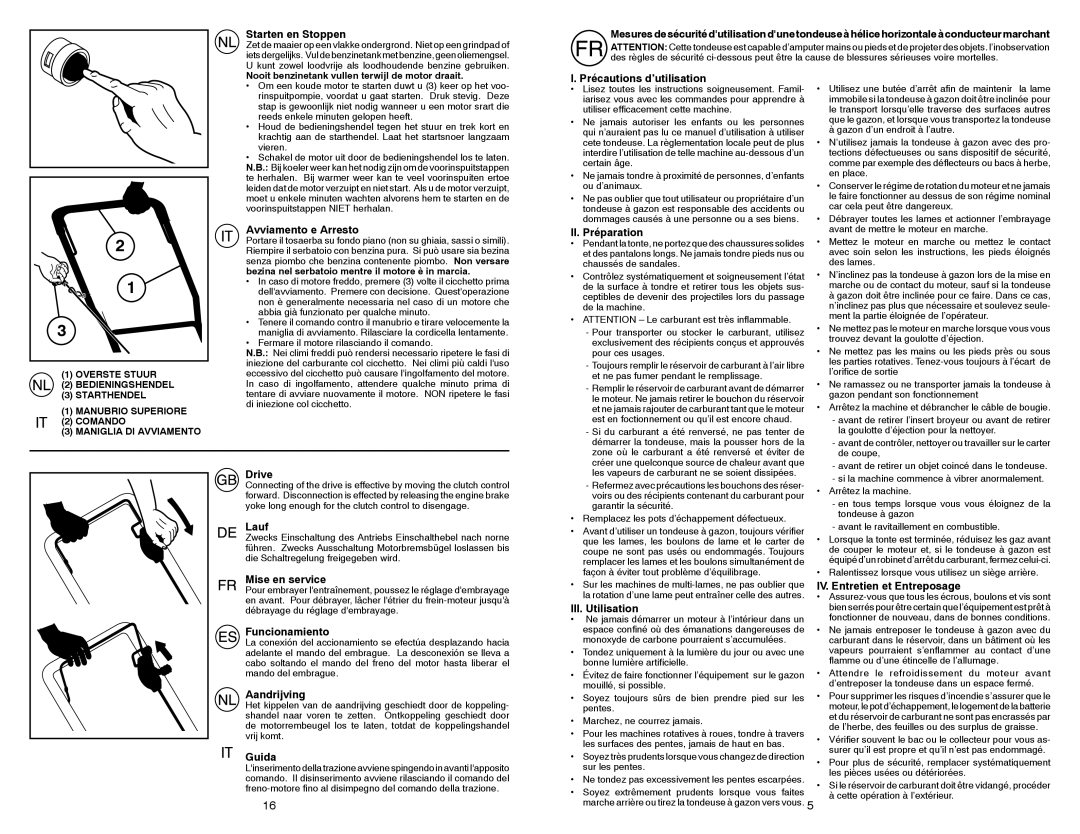 McCulloch 532198327 Starten en Stoppen, Avviamento e Arresto, Précautions d’utilisation, II. Préparation, Drive, Lauf 