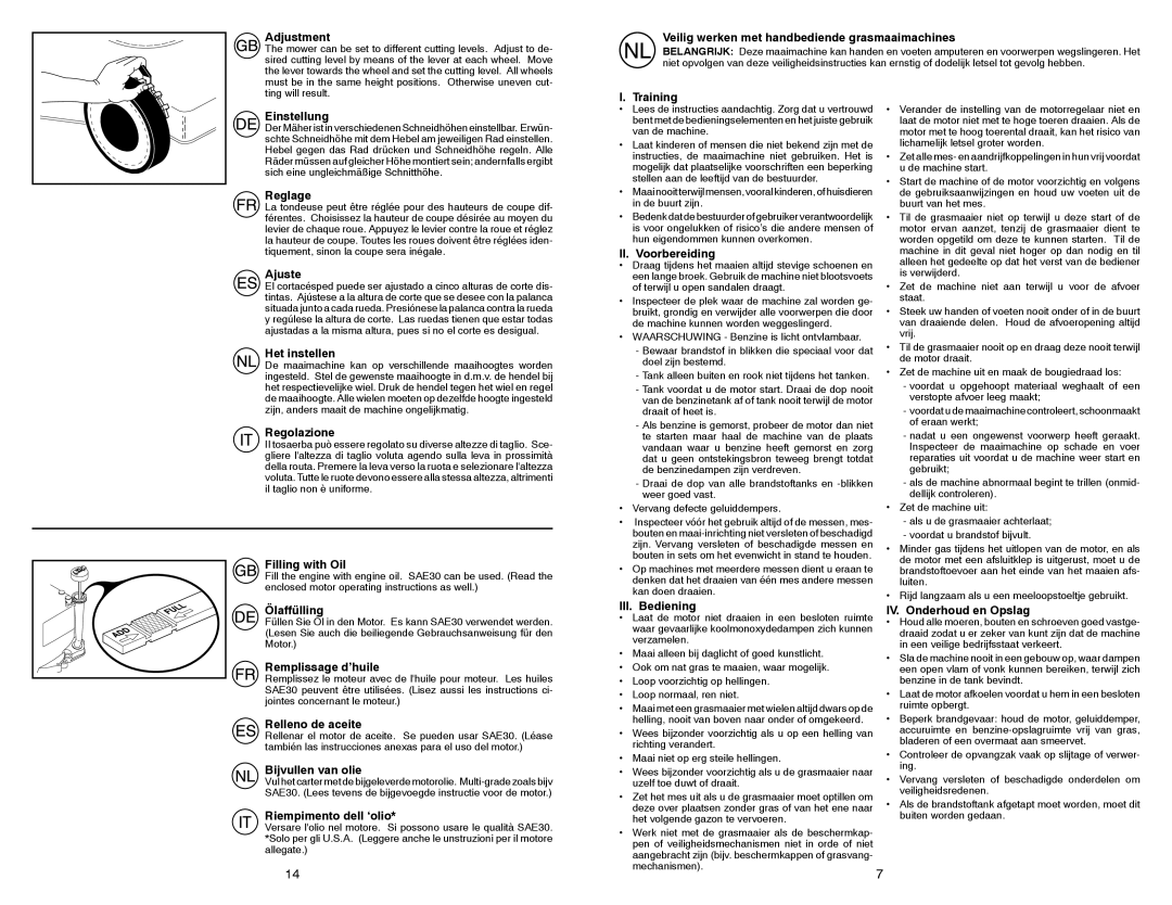 McCulloch 532198327 Adjustment, Veilig werken met handbediende grasmaaimachines, Einstellung, Reglage, Ajuste, Regolazione 