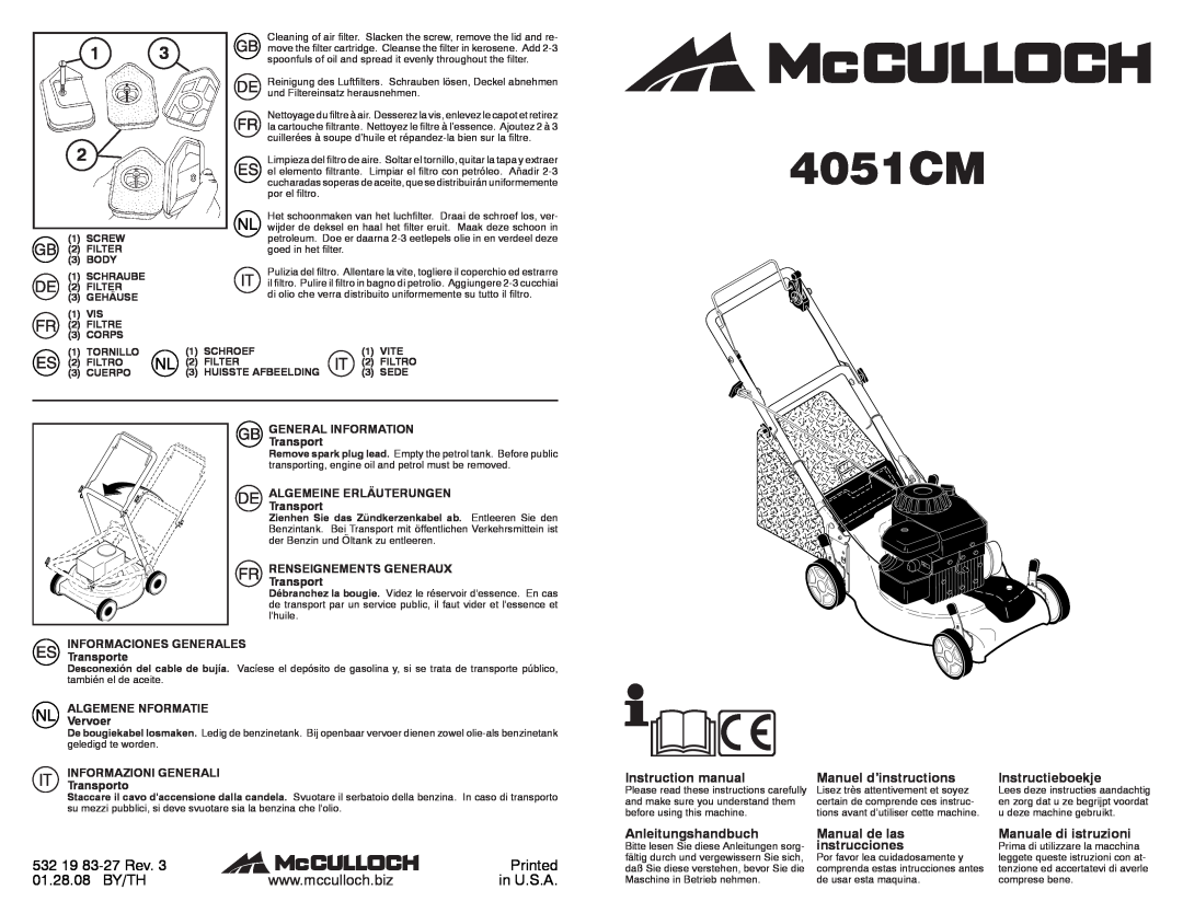 McCulloch 532198327 instruction manual 4051CM, 532 19 83-27 Rev, Printed, 01.28.08 BY/TH, in U.S.A, Manuel d’instructions 