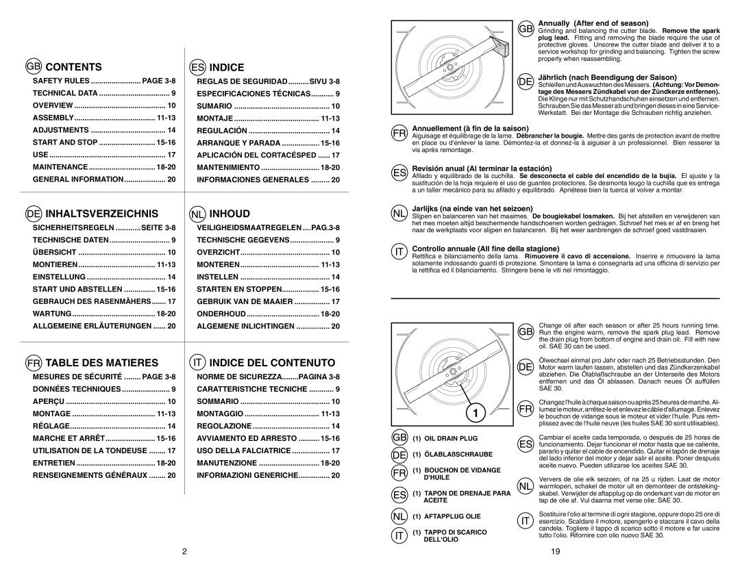 McCulloch 96141011700 instruction manual Contents Indice 