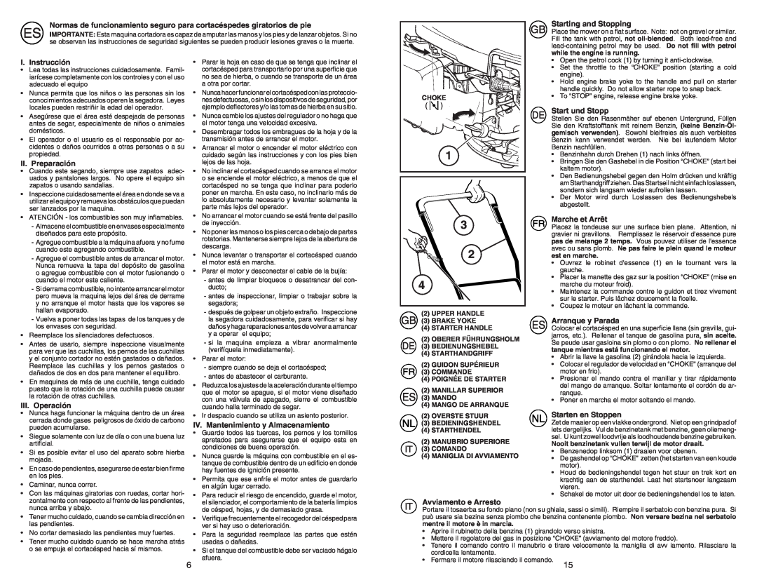 McCulloch 96141011700 instruction manual Normas de funcionamiento seguro para cortacéspedes giratorios de pie 
