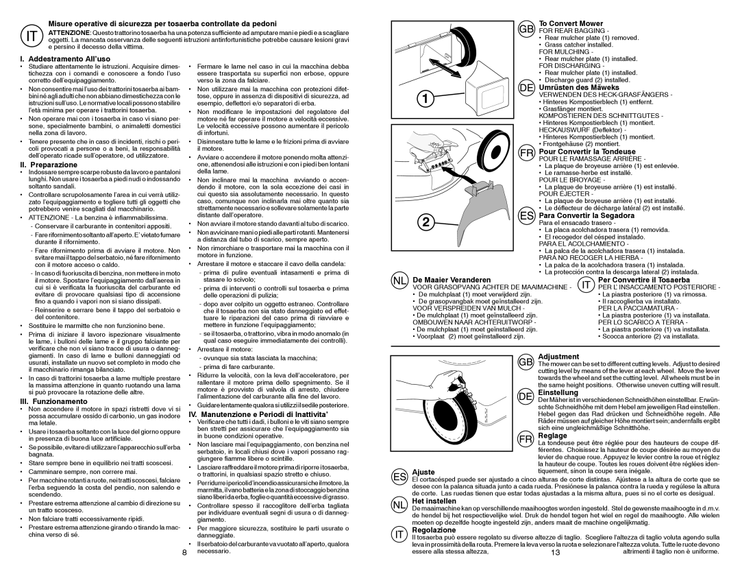 McCulloch 96141014601 To Convert Mower, Addestramento All’uso, II. Preparazione, Umrüsten des Mäweks, III. Funzionamento 