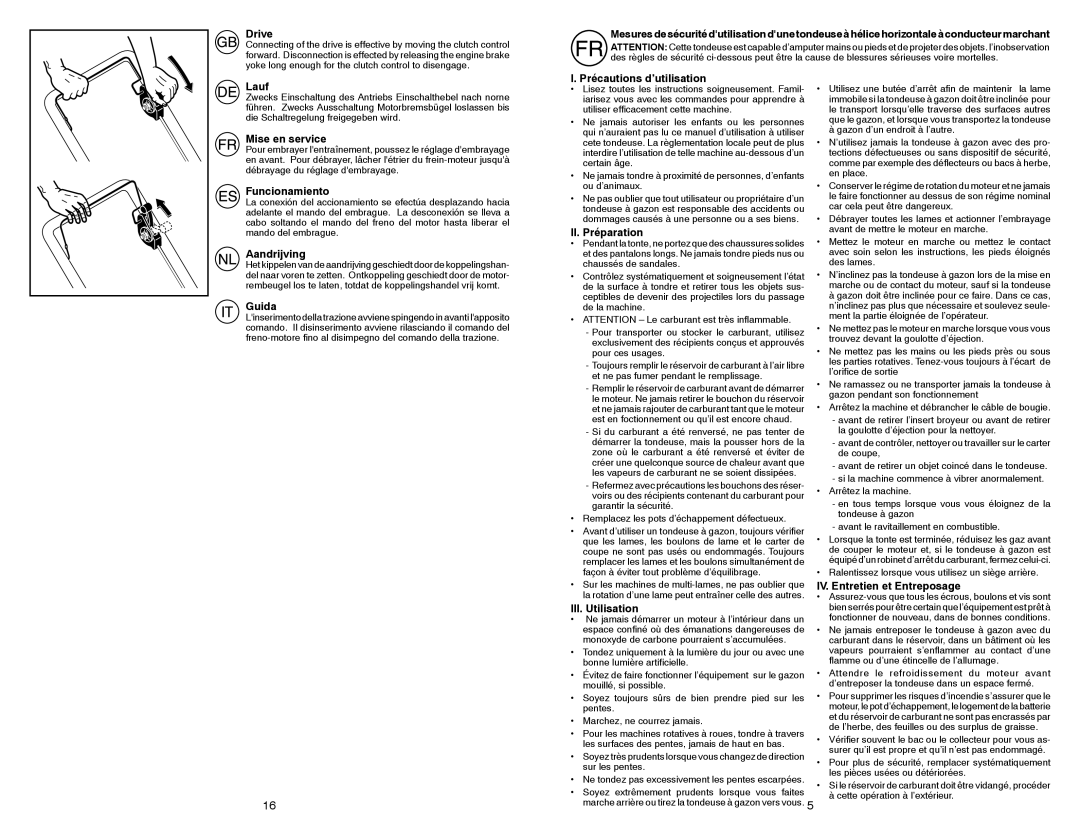 McCulloch 96141016201 Drive, Lauf, Mise en service, Funcionamiento, Aandrijving, Guida, Précautions d’utilisation 