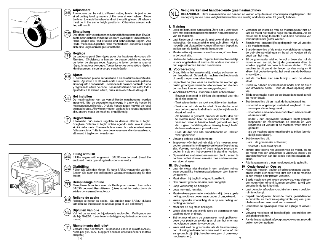 McCulloch 96141016201 Adjustment, Veilig werken met handbediende grasmaaimachines, Einstellung, Reglage, Ajuste 