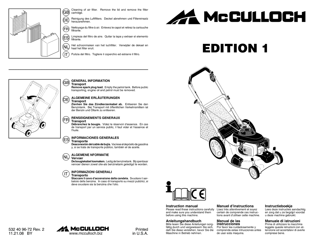 McCulloch 96141020600 manual General Information, Algemeine Erläuterungen, Renseignements Generaux, Algemene Nformatie 