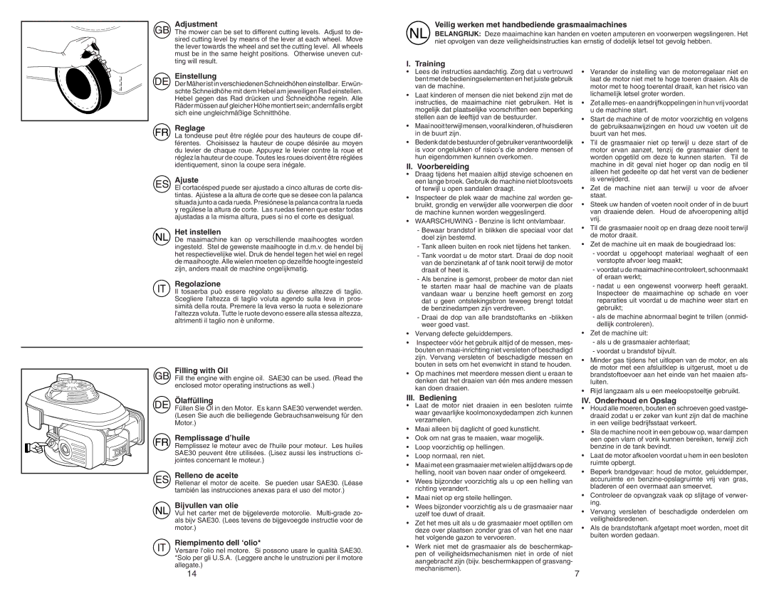 McCulloch 96141020600 manual Adjustment, Veilig werken met handbediende grasmaaimachines, Einstellung, Reglage, Ajuste 