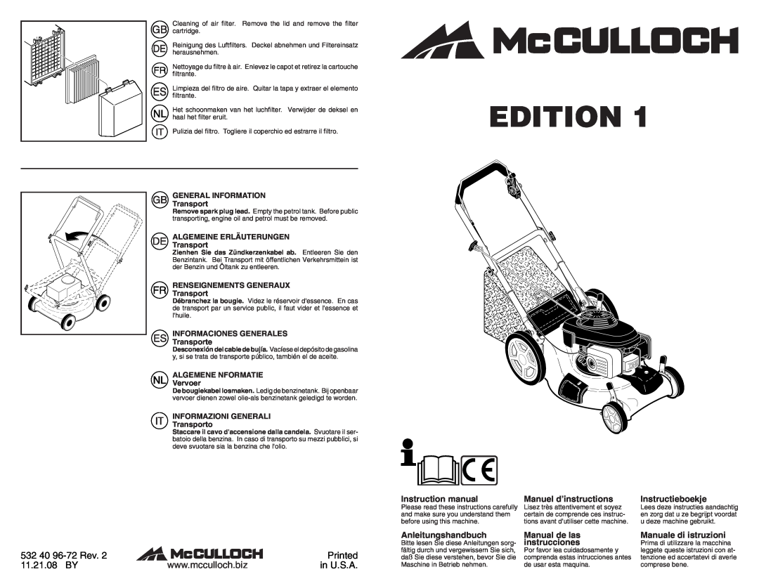 McCulloch 96141020600 manual Edition, 532 40 96-72Rev, Printed, 11.21.08 BY, in U.S.A, Manuel d’instructions 
