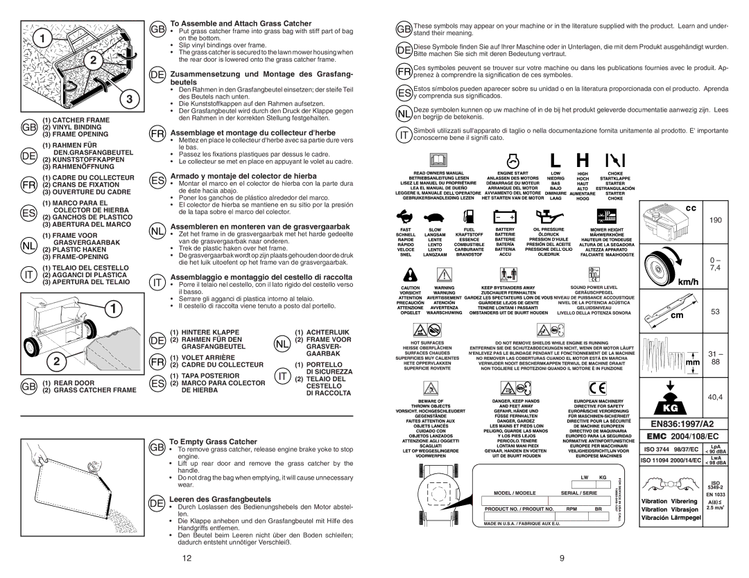 McCulloch 96141023400 instruction manual Assemblaggio e montaggio del cestello di raccolta, To Empty Grass Catcher 