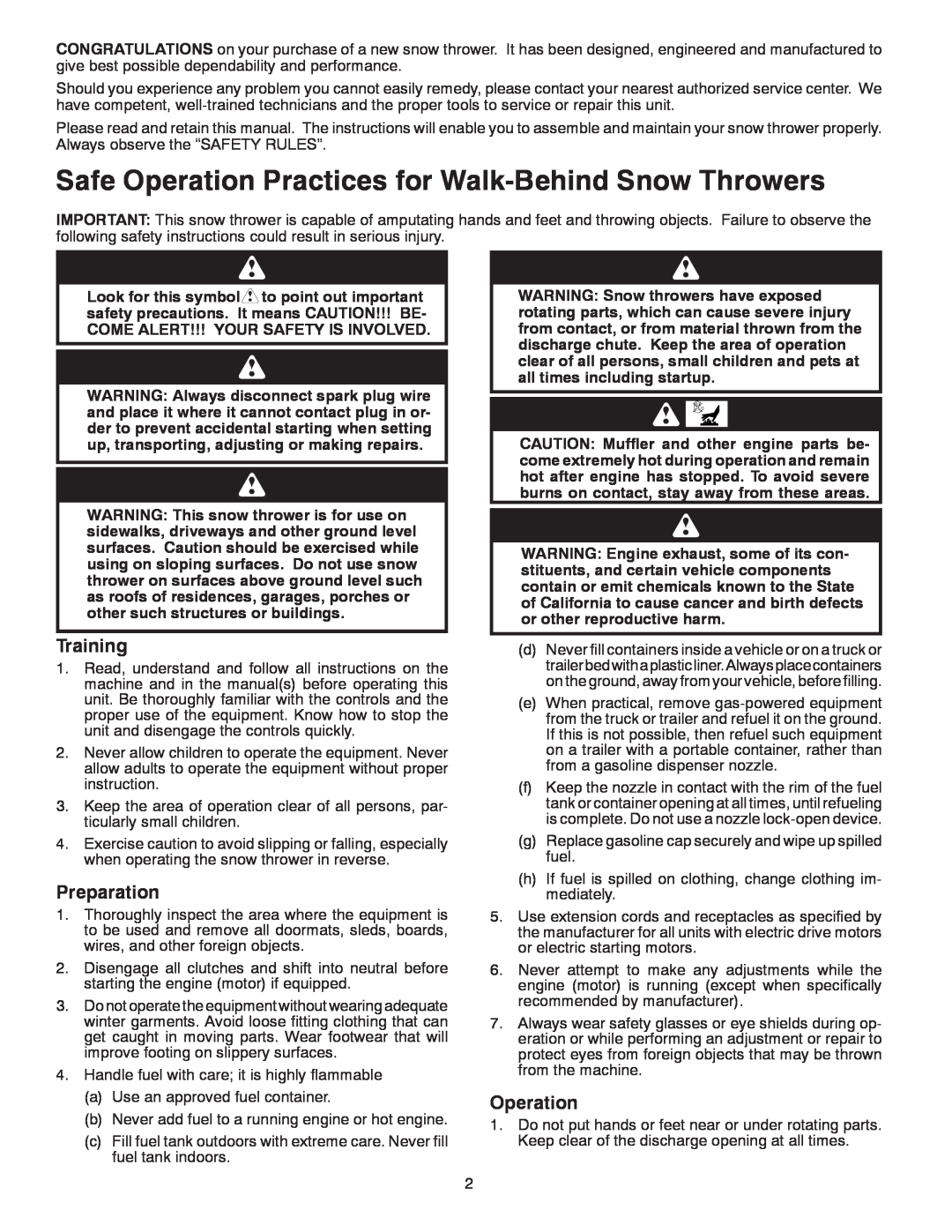 McCulloch 96188000300 owner manual Safe Operation Practices for Walk-Behind Snow Throwers, Training, Preparation 