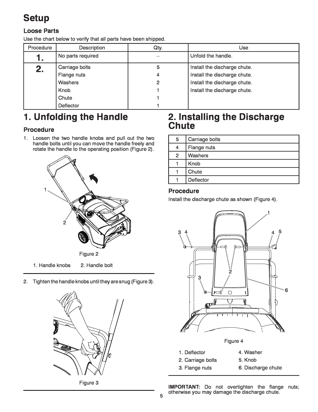 McCulloch 96188000300 owner manual Setup, Unfolding the Handle, Installing the Discharge Chute, Loose Parts, Procedure 