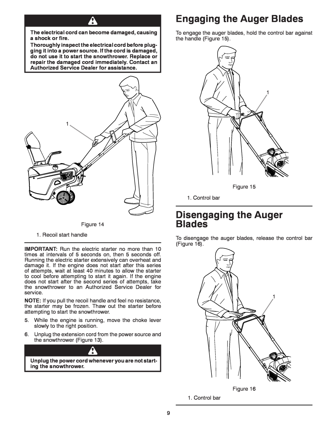 McCulloch 96188000300 owner manual Engaging the Auger Blades, Disengaging the Auger Blades 