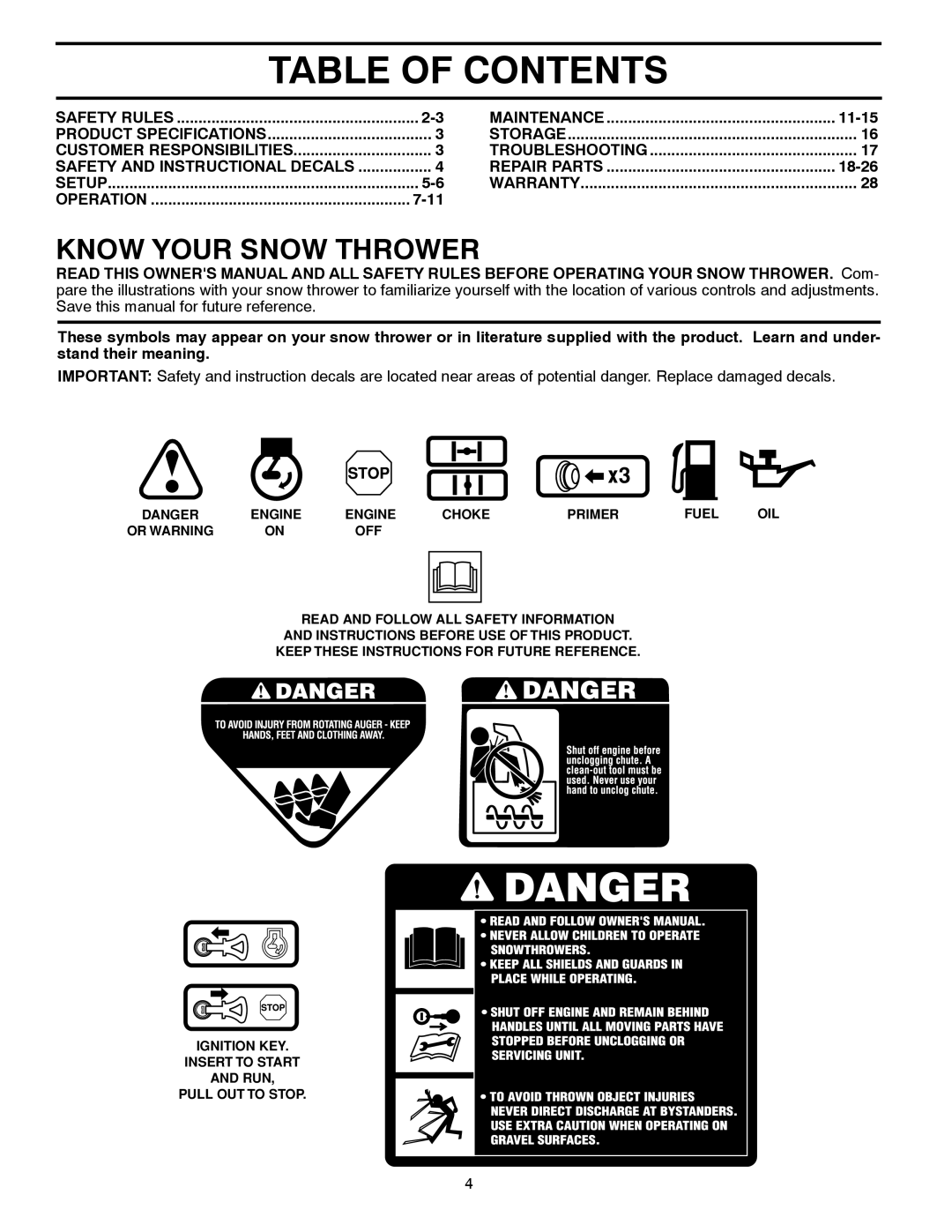 McCulloch 96188000300 owner manual Table of Contents 