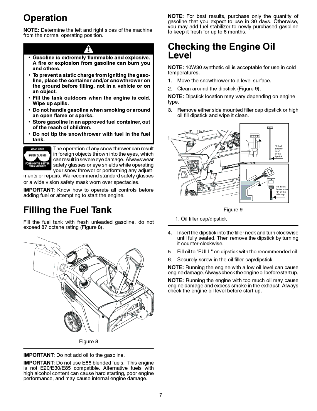 McCulloch 96188000300 owner manual Operation, Filling the Fuel Tank, Checking the Engine Oil Level 