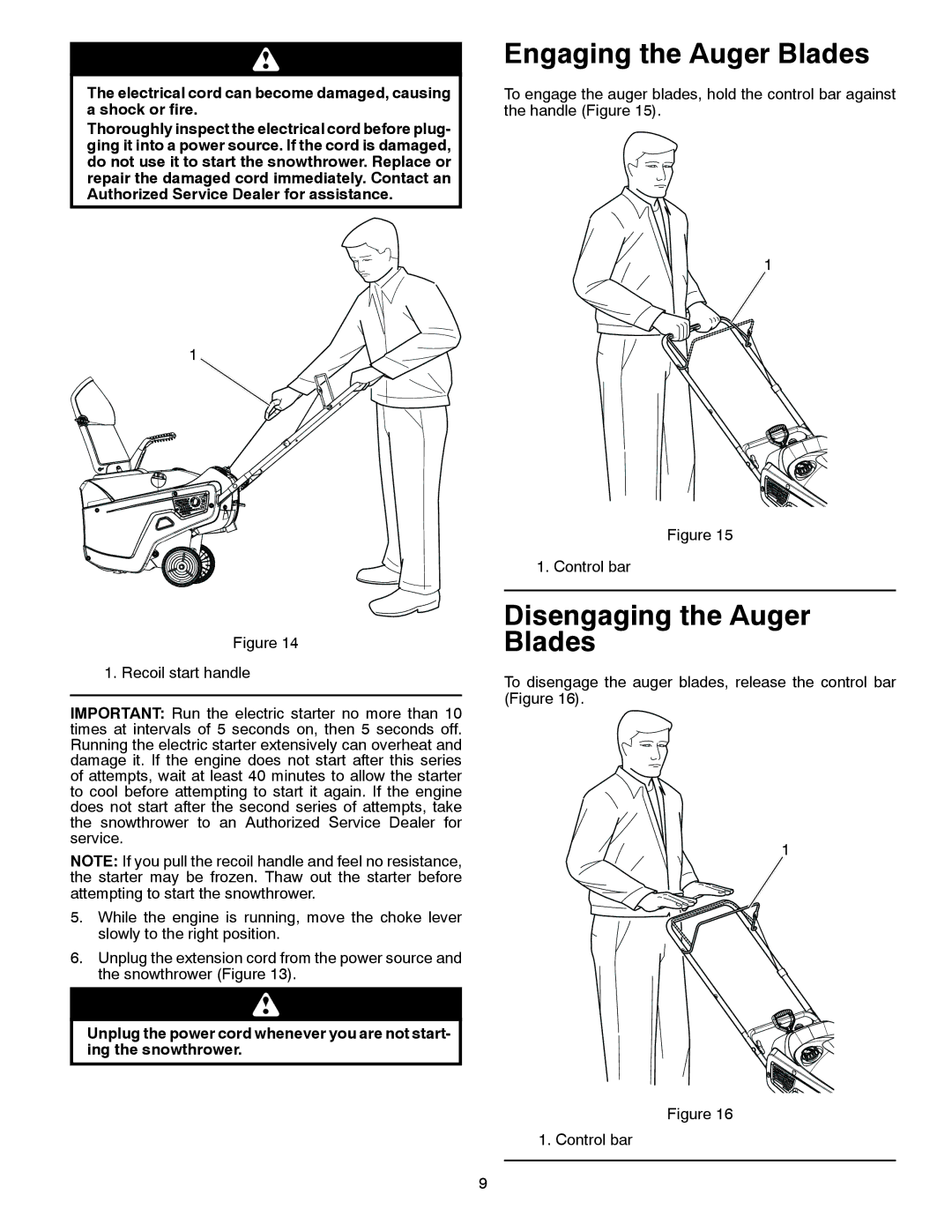 McCulloch 96188000300 owner manual Engaging the Auger Blades, Disengaging the Auger Blades 