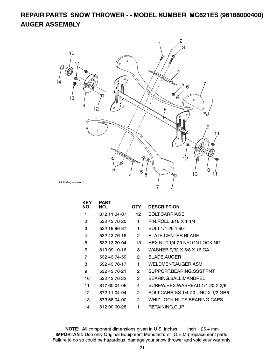 McCulloch 96188000400 KEY Part NO. no, QTY Description, Bolt.Carriage, PLATE.CENTER.BLADE 13 HEX.NUT.1/4-20 Nylon Locking 