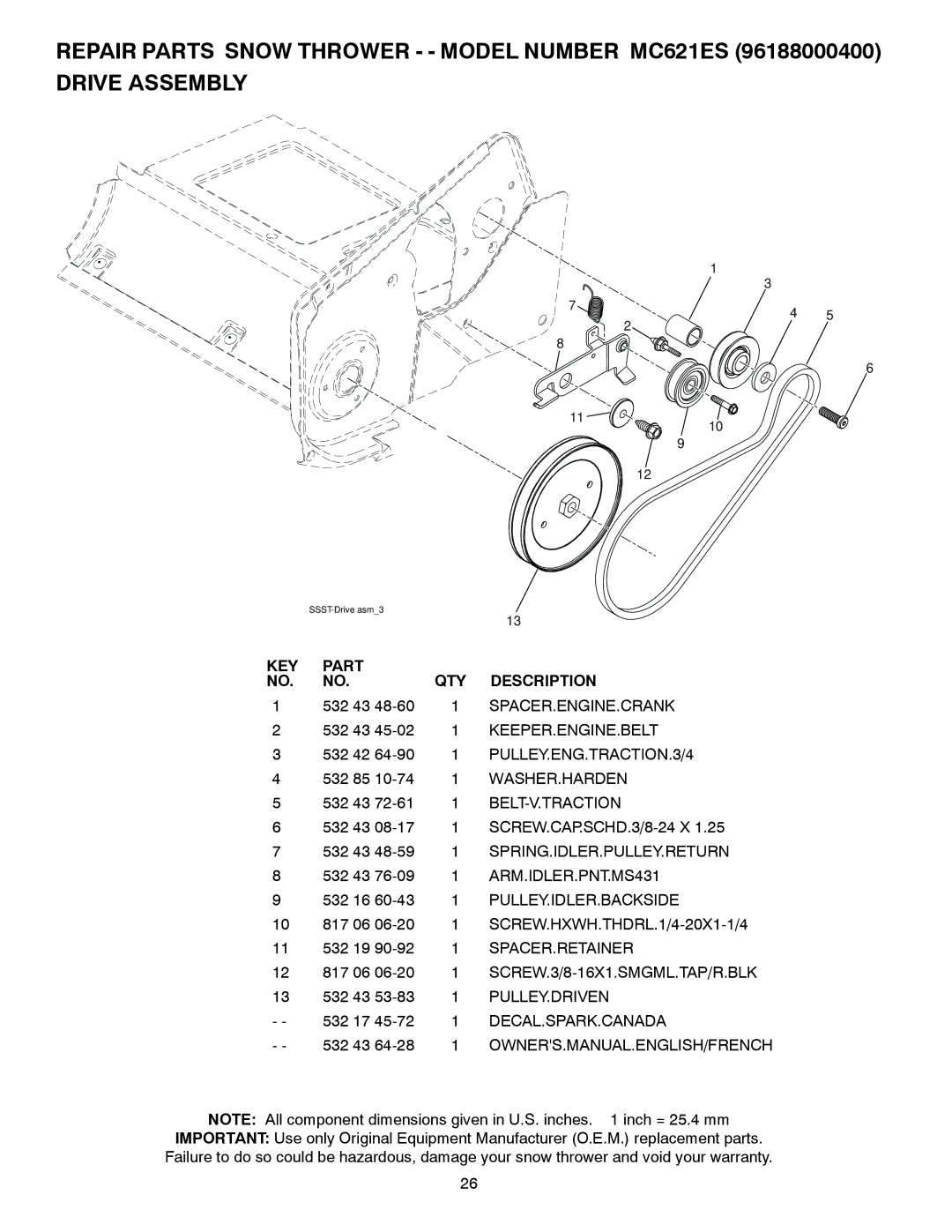 McCulloch 96188000400 Spacer.Engine.Crank, Keeper.Engine.Belt, PULLEY.ENG.TRACTION.3/4, Washer.Harden, Belt-V.Traction 