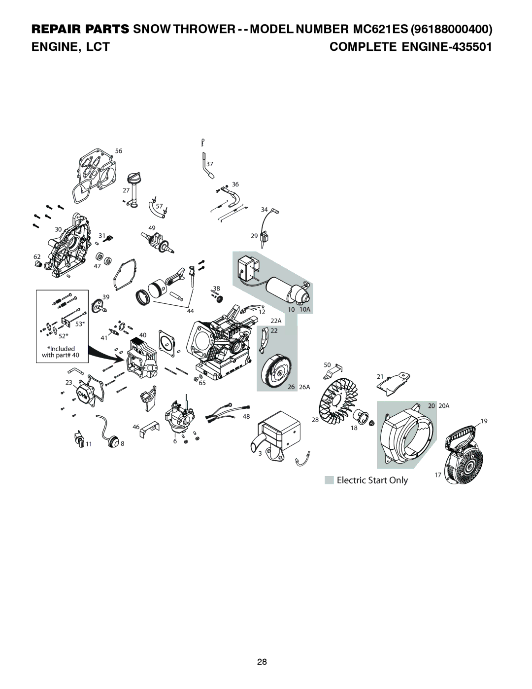 McCulloch 96188000400 owner manual Repair Parts Snow Thrower - Model Number MC621ES ENGINE, LCT 