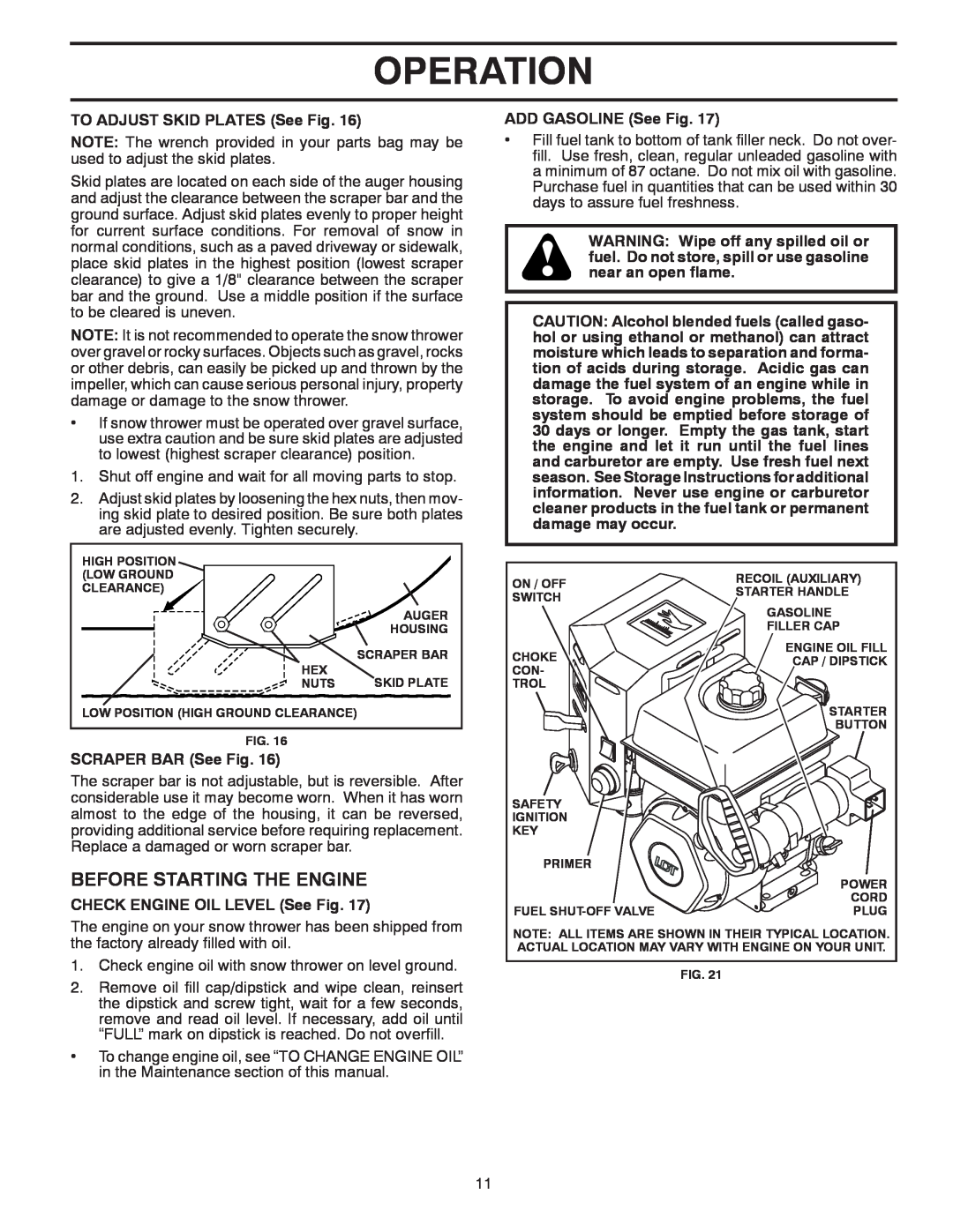 McCulloch 96192004001 Before Starting The Engine, Operation, TO ADJUST SKID PLATES See Fig, SCRAPER BAR See Fig 