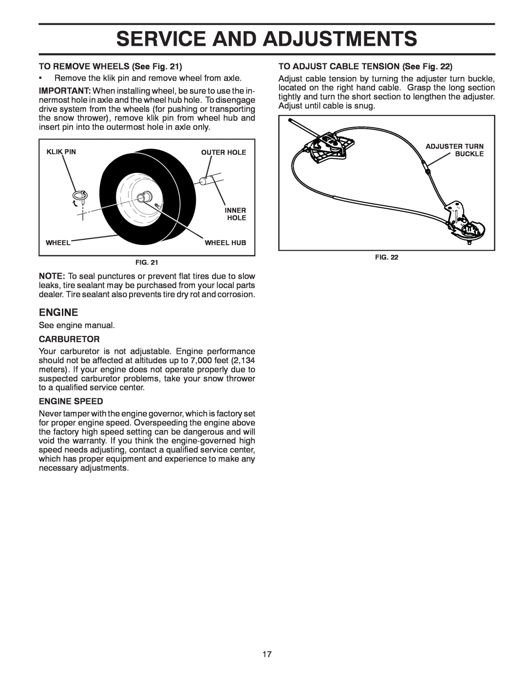 McCulloch 96192004001 owner manual Service And Adjustments, TO REMOVE WHEELS See Fig, Carburetor, Engine Speed 