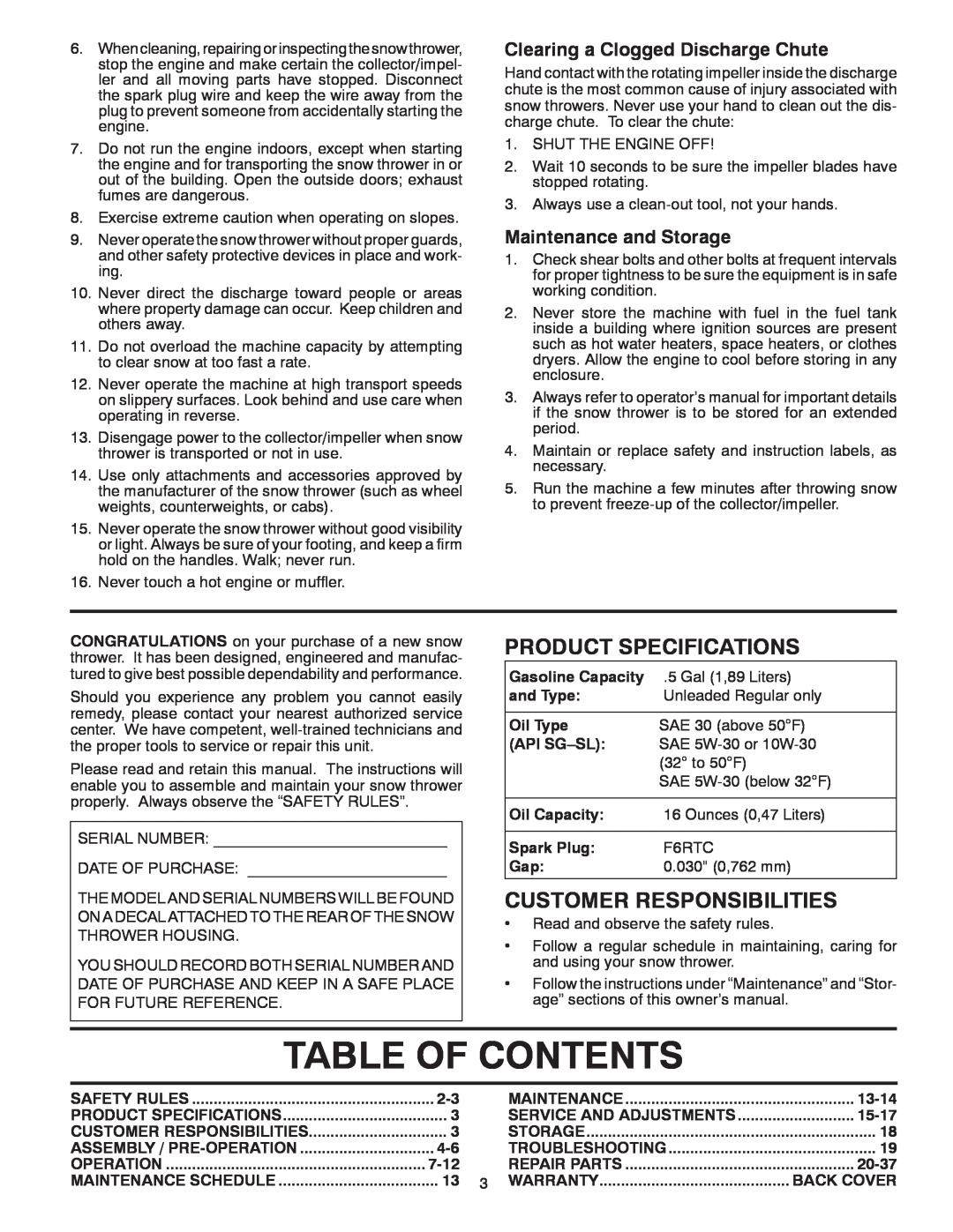 McCulloch 96192004001 Table Of Contents, Product Specifications, Customer Responsibilities, Maintenance and Storage, 13-14 