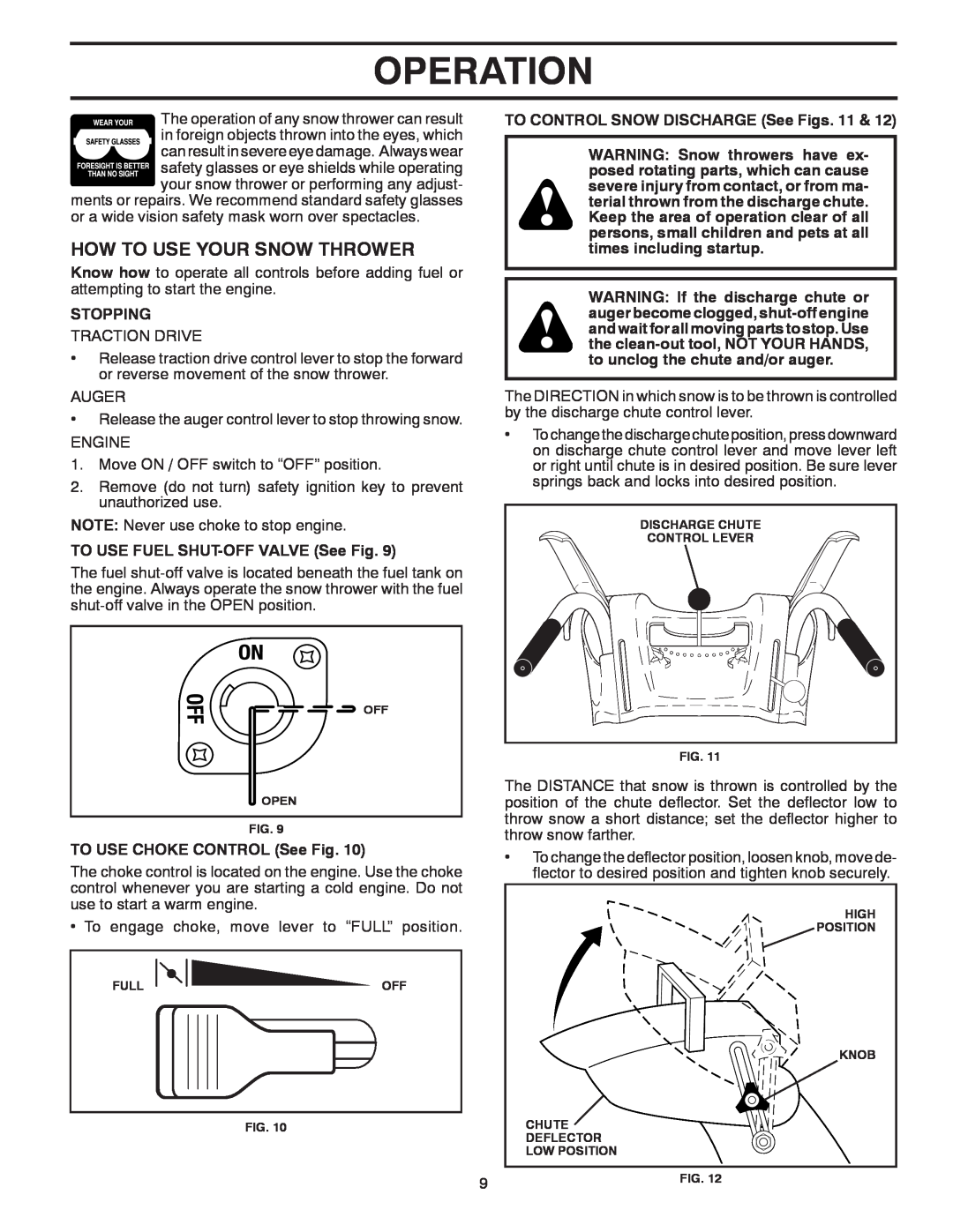 McCulloch 96192004001 owner manual How To Use Your Snow Thrower, Operation, Stopping, TO USE FUEL SHUT-OFF VALVE See Fig 