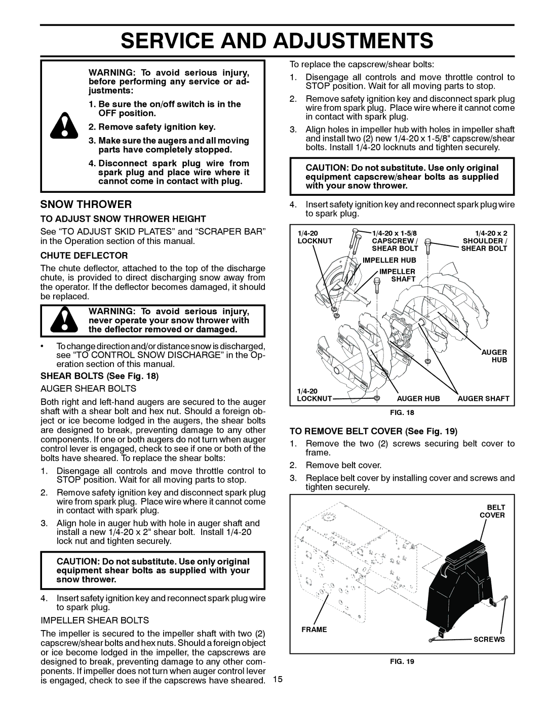 McCulloch 96192004001 Service and Adjustments, To Adjust Snow Thrower Height, Chute Deflector, Shear Bolts See Fig 