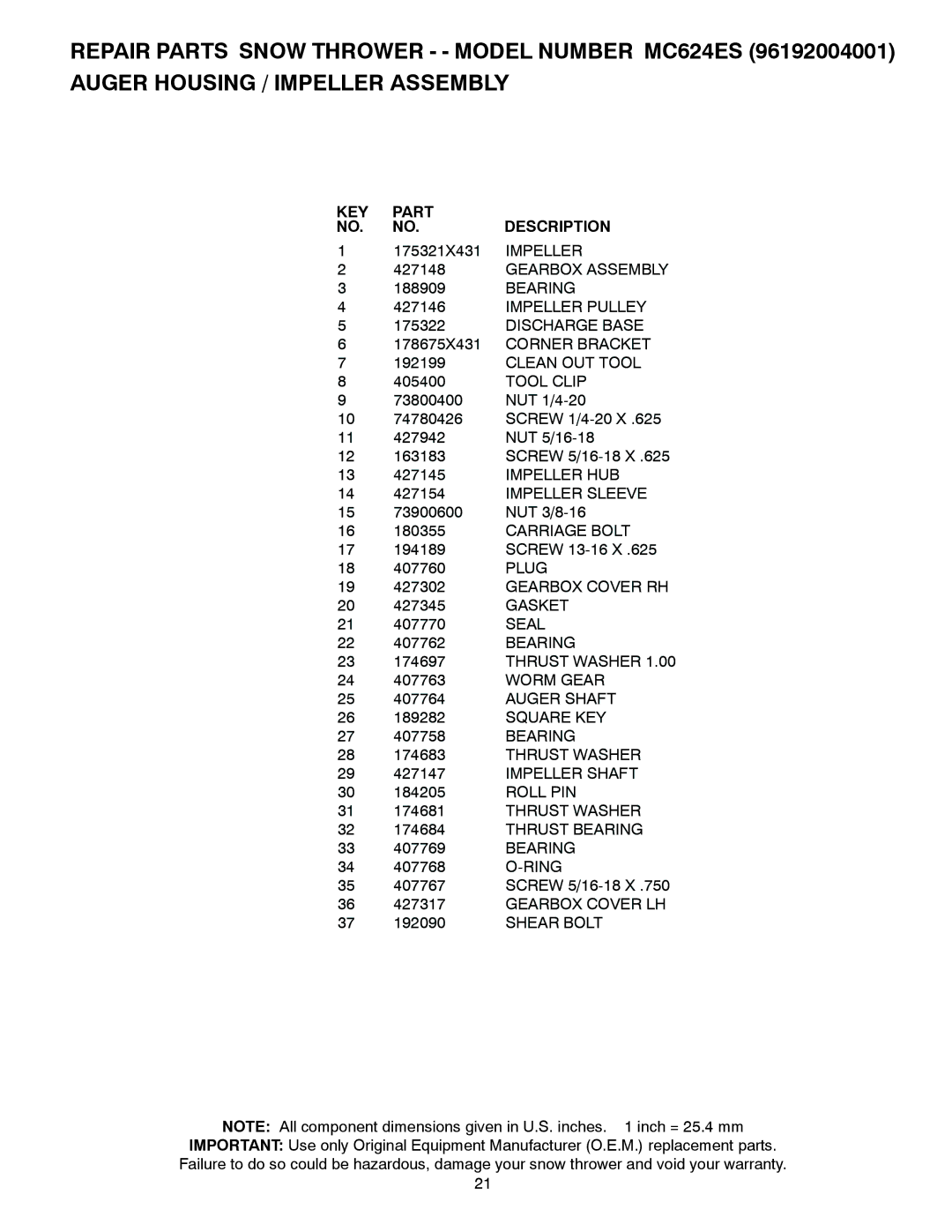 McCulloch 96192004001 owner manual KEY Part Description 