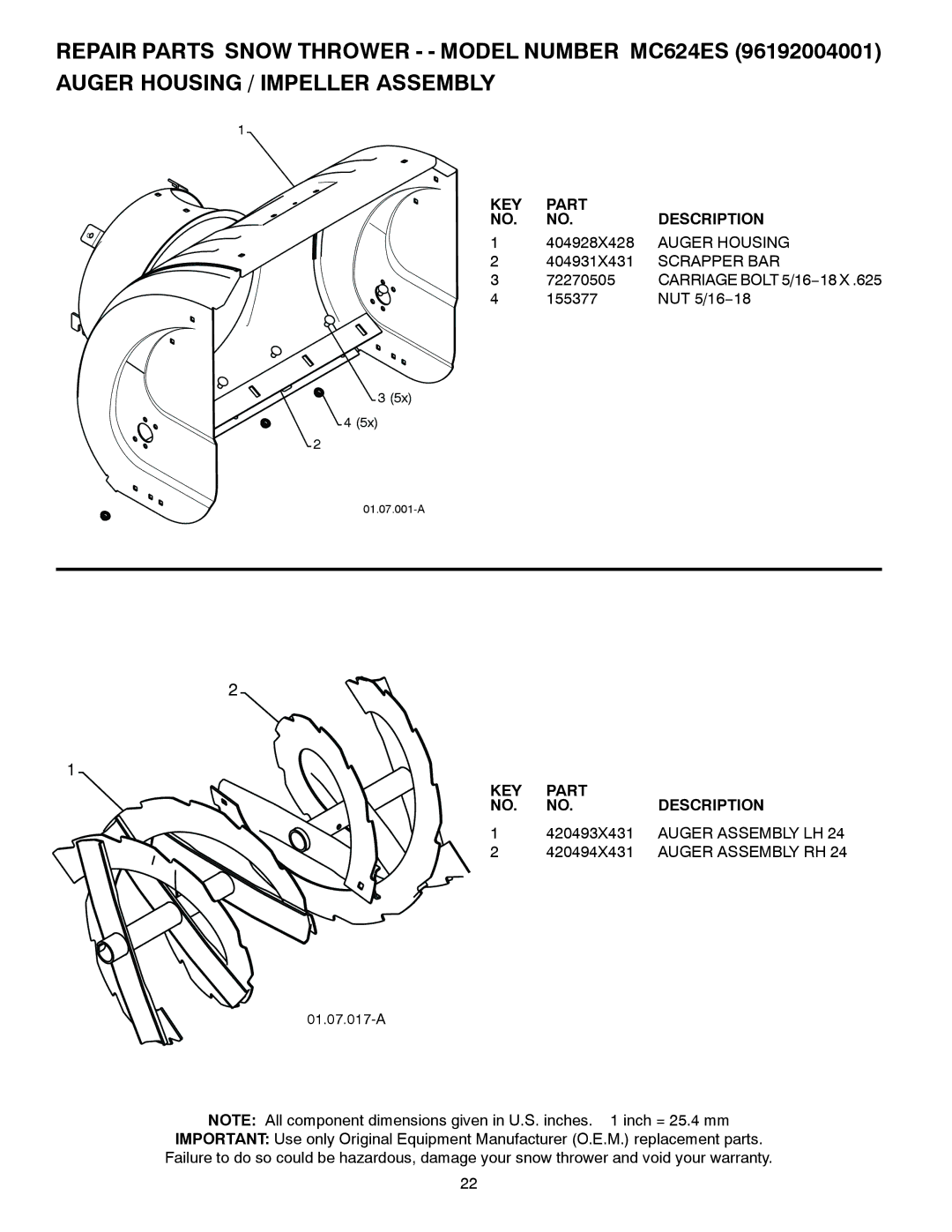 McCulloch 96192004001 owner manual Auger Housing, Scrapper BAR, Auger Assembly LH, Auger Assembly RH 