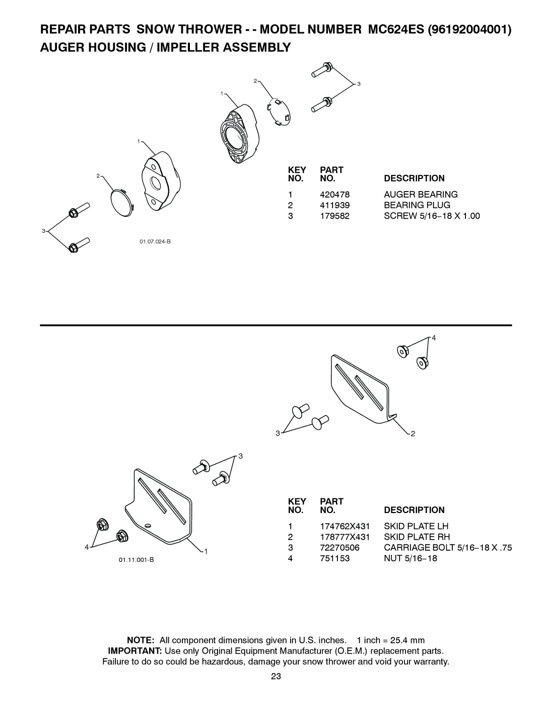 McCulloch 96192004001 owner manual Auger Bearing, Bearing Plug, Skid Plate LH, Skid Plate RH 