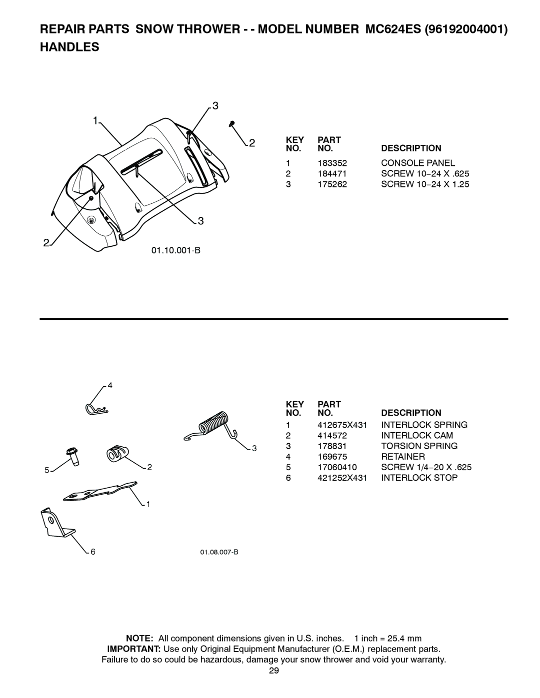 McCulloch 96192004001 owner manual Console Panel, Interlock Spring, Interlock CAM, Torsion Spring, Interlock Stop 