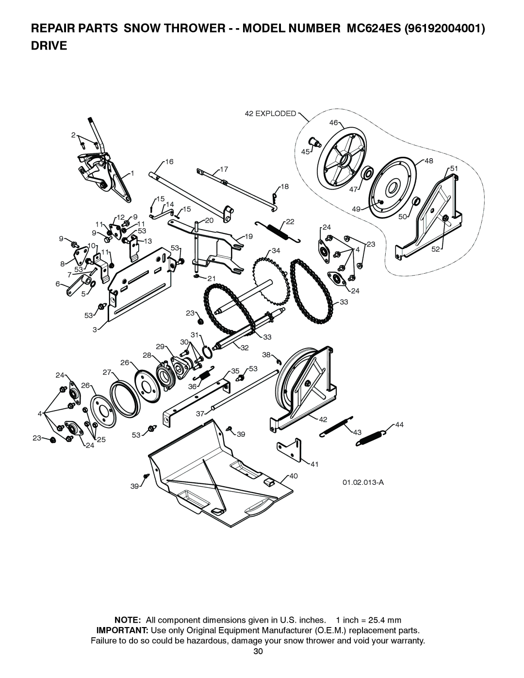 McCulloch 96192004001 owner manual Repair Parts Snow Thrower - Model Number MC624ES Drive 