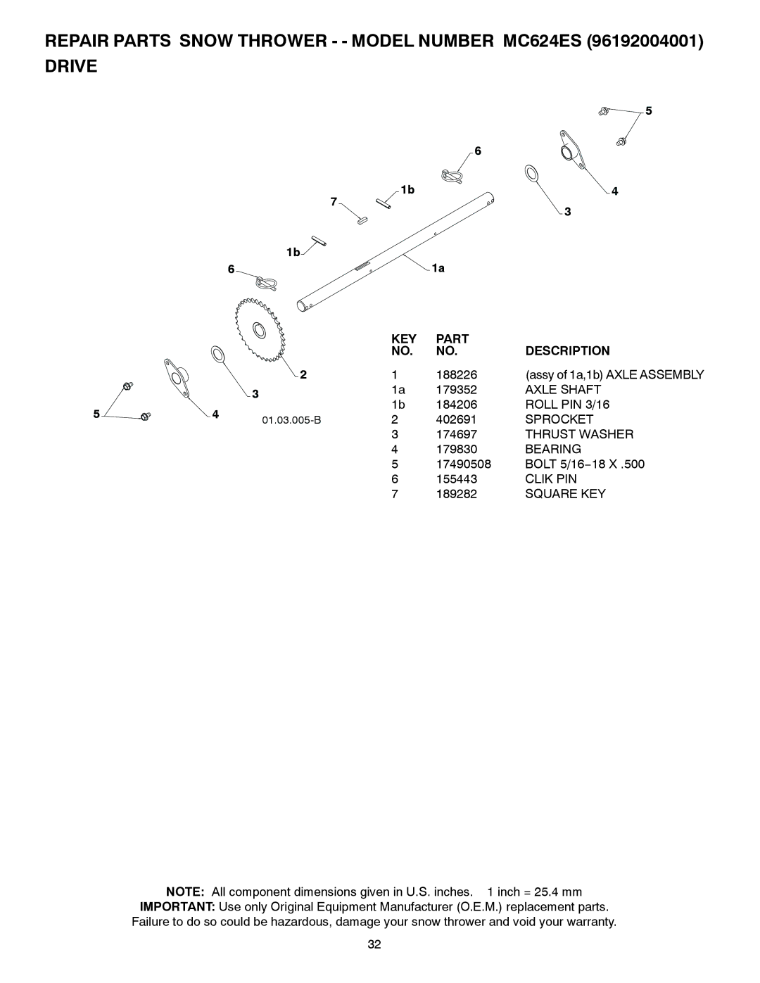 McCulloch 96192004001 owner manual Axle Shaft, Roll PIN 3/16, Sprocket, Clik PIN 