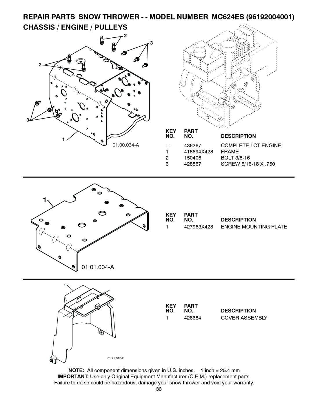 McCulloch 96192004001 owner manual Complete LCT Engine, Frame, 427963X428, Engine Mounting Plate, 428684 