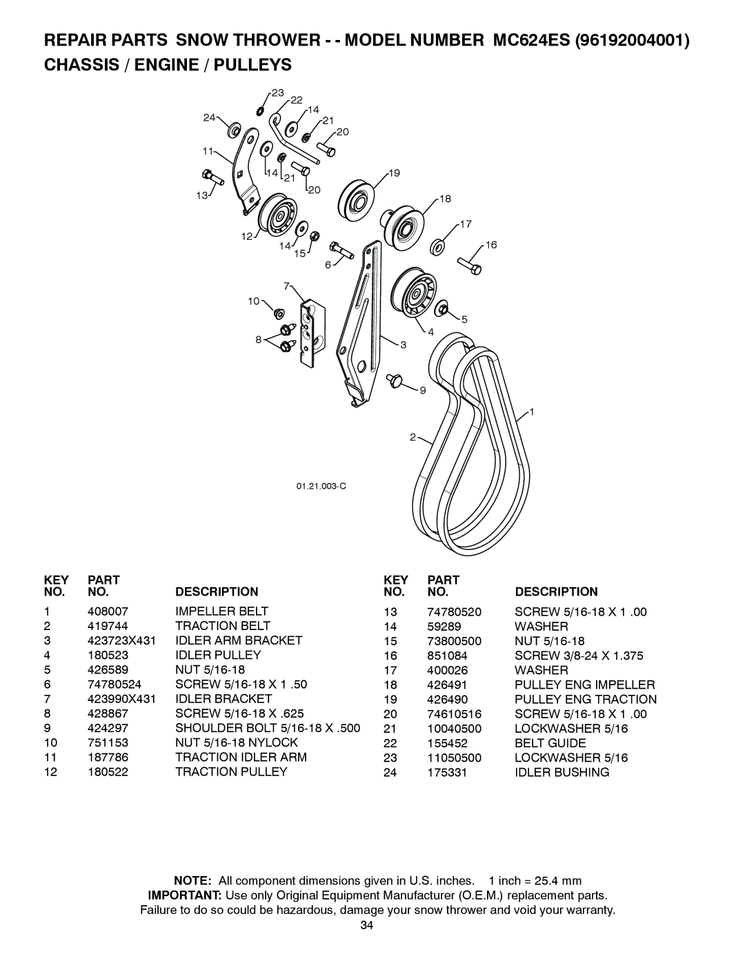 McCulloch 96192004001 Impeller Belt, Traction Belt, Idler ARM Bracket, Idler Pulley, Belt Guide, 24 175331 Idler Bushing 