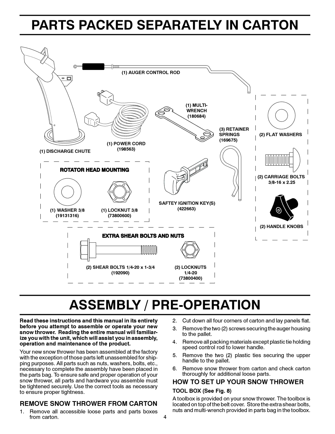 McCulloch 96192004001 Parts Packed Separately in Carton, Assembly / PRE-OPERATION, Remove Snow Thrower from Carton 