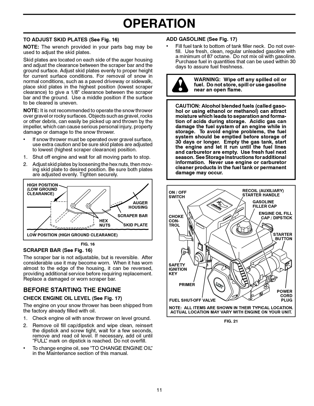 McCulloch MC627ES, 96192004100 Before Starting The Engine, Operation, TO ADJUST SKID PLATES See Fig, SCRAPER BAR See Fig 