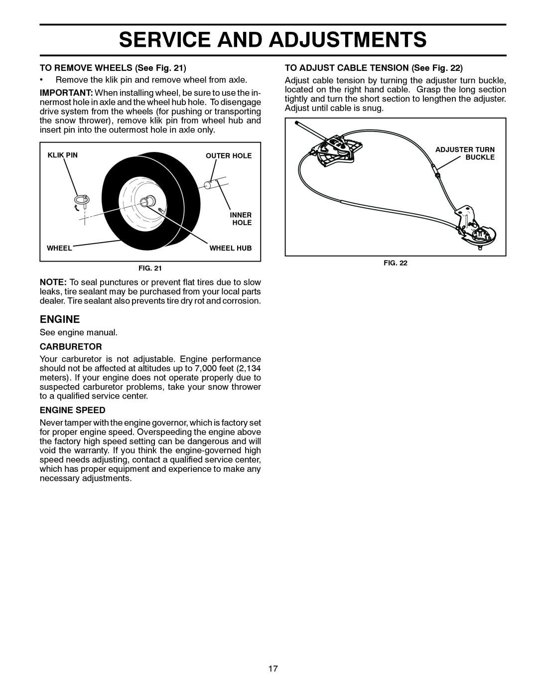 McCulloch MC627ES, 96192004100 owner manual Service And Adjustments, TO REMOVE WHEELS See Fig, Carburetor, Engine Speed 