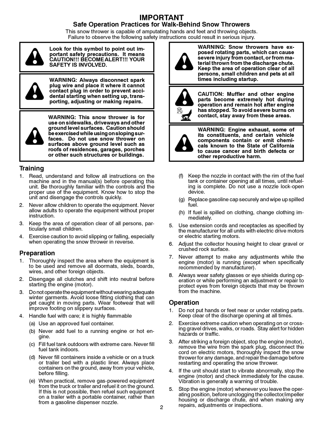 McCulloch 96192004100, MC627ES owner manual Safe Operation Practices for Walk-Behind Snow Throwers, Training, Preparation 