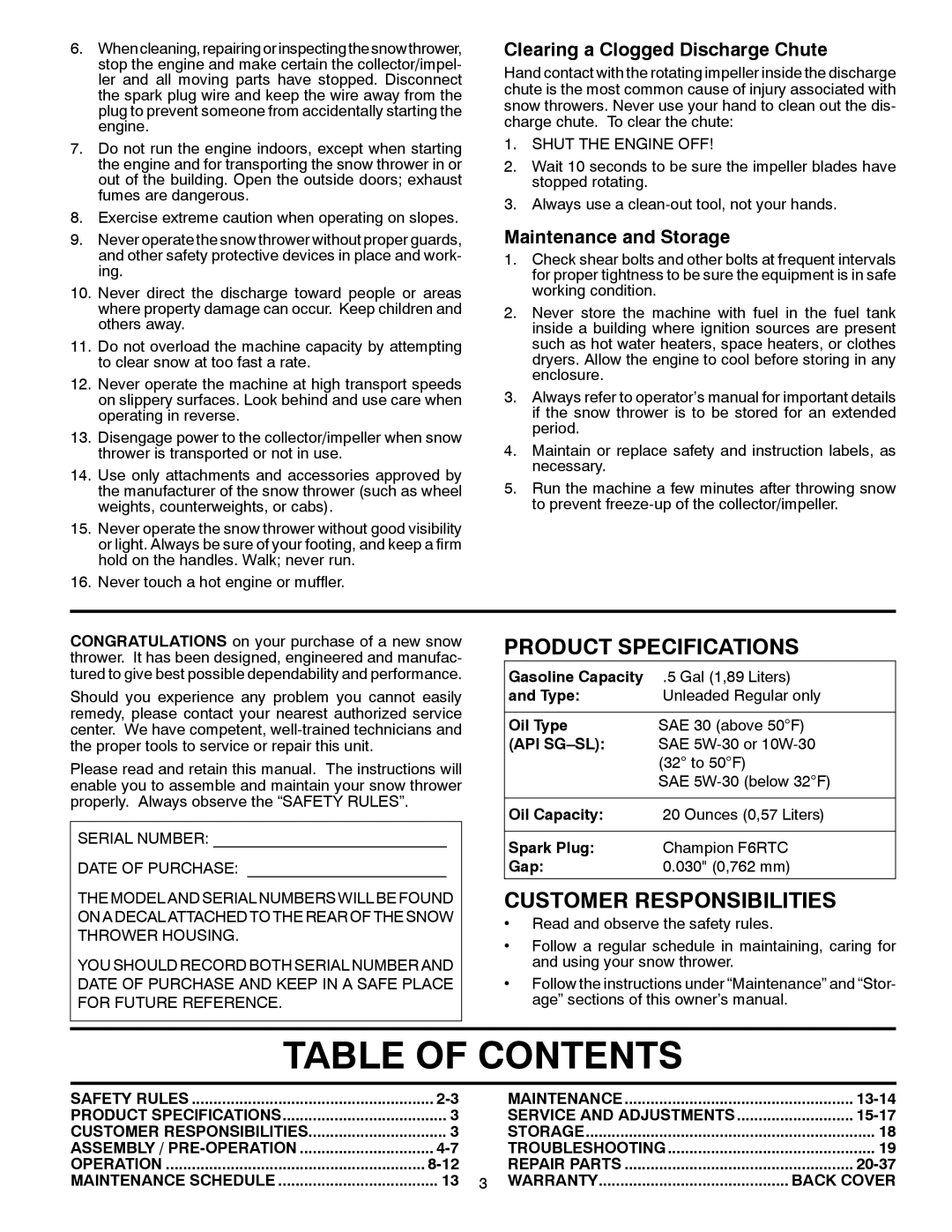McCulloch MC627ES Table Of Contents, Product Specifications, Customer Responsibilities, Clearing a Clogged Discharge Chute 