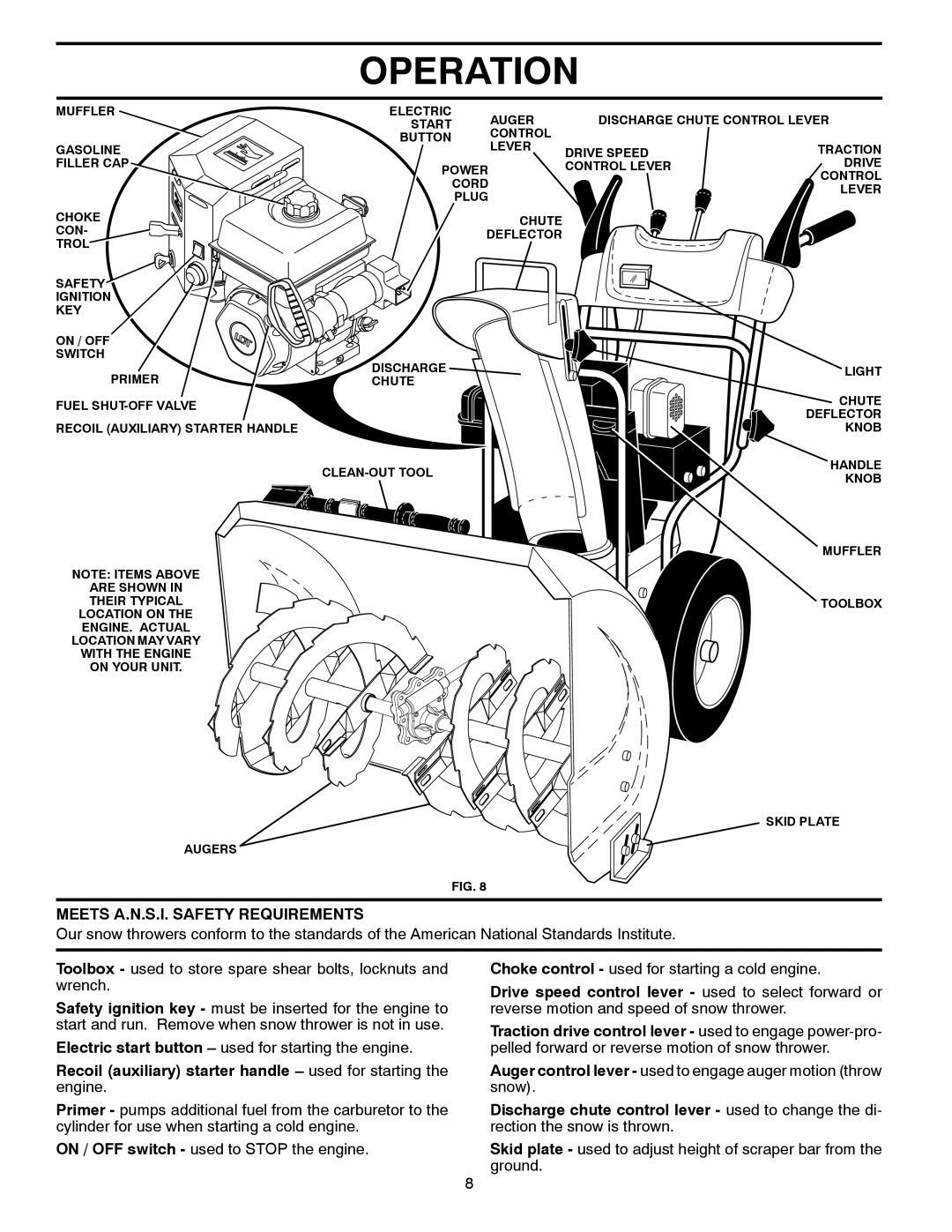 McCulloch 96192004100 Operation, Meets A.N.S.I. Safety Requirements, Electric start button - used for starting the engine 