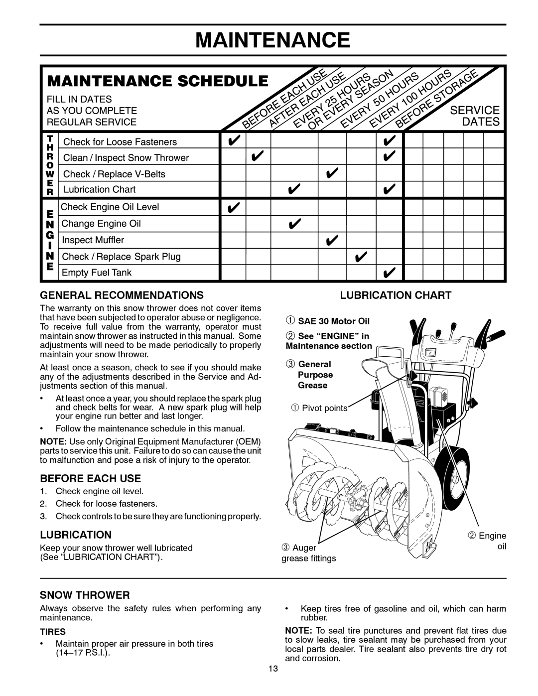 McCulloch MC627ES, 96192004100 owner manual Maintenance, General Recommendations, Before Each USE, Lubrication, Snow Thrower 