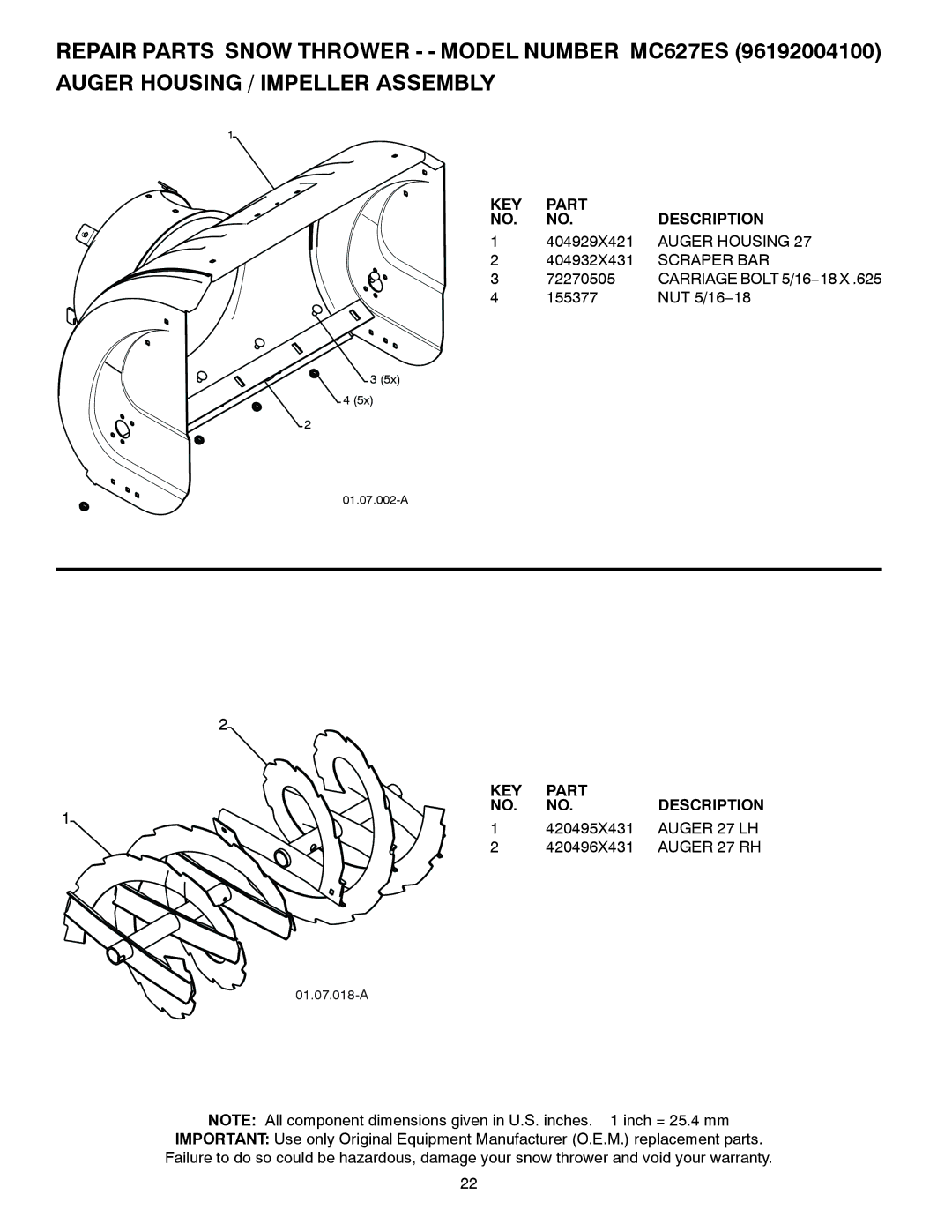 McCulloch 96192004100, MC627ES owner manual Auger Housing, Scraper BAR, Auger 27 LH, Auger 27 RH 