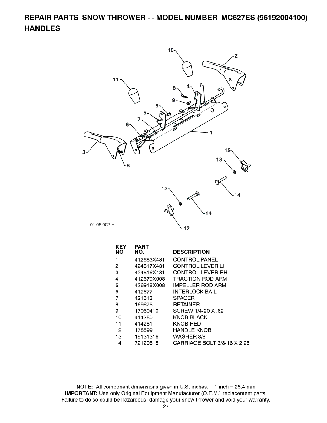 McCulloch MC627ES, 96192004100 owner manual Spacer, Retainer, Knob RED, Handle Knob, Washer 3/8 