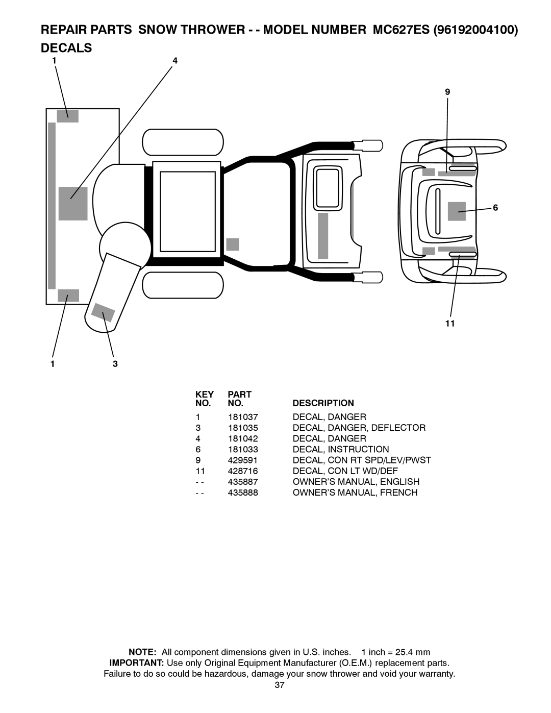 McCulloch MC627ES, 96192004100 owner manual 181037, DECAL, Danger 