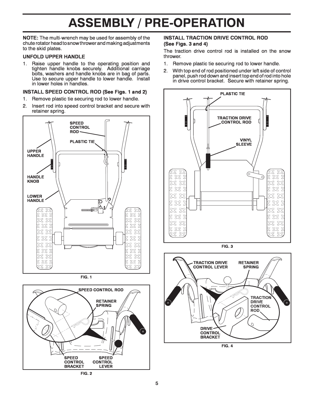 McCulloch 96192004101 owner manual Assembly / Pre-Operation, Unfold Upper Handle, INSTALL SPEED CONTROL ROD See Figs. 1 and 