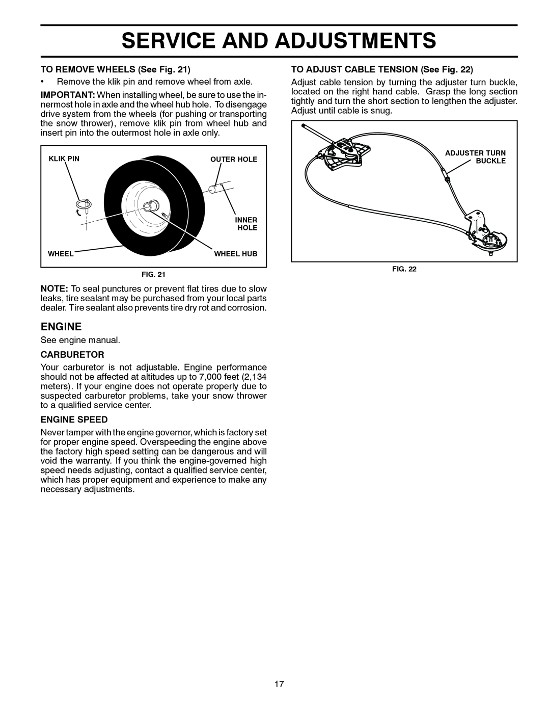 McCulloch 96192004102 owner manual Service And Adjustments, TO REMOVE WHEELS See Fig, Carburetor, Engine Speed 