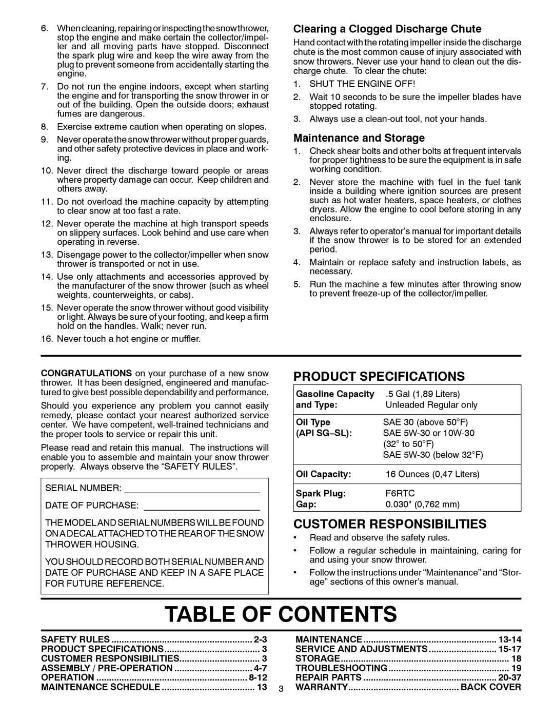 McCulloch 96192004102 Table Of Contents, Product Specifications, Customer Responsibilities, Maintenance and Storage, 13-14 