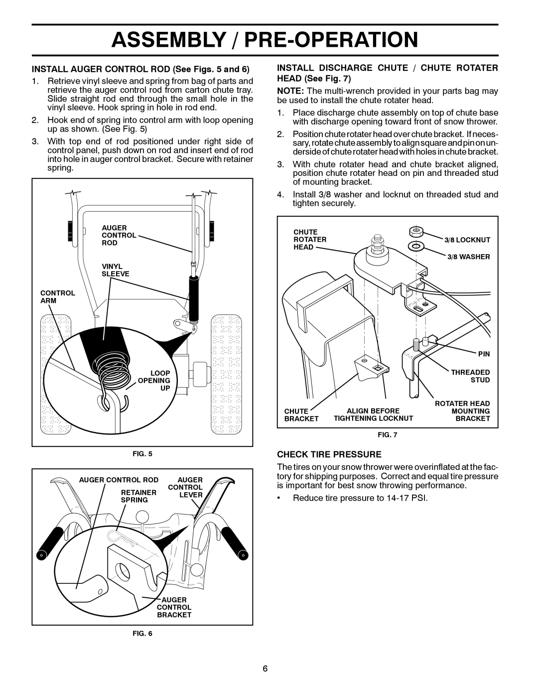 McCulloch 96192004102 owner manual Assembly / Pre-Operation, INSTALL AUGER CONTROL ROD See Figs. 5 and, Check Tire Pressure 